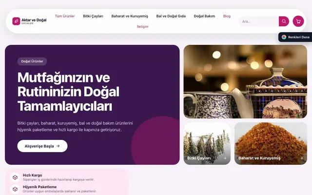 Aktar ve Doğal Ürünler için Bento Mor Pembe – Aktar ve Doğal Ürünler E-ticaret Sitesi ana sayfa görünümü