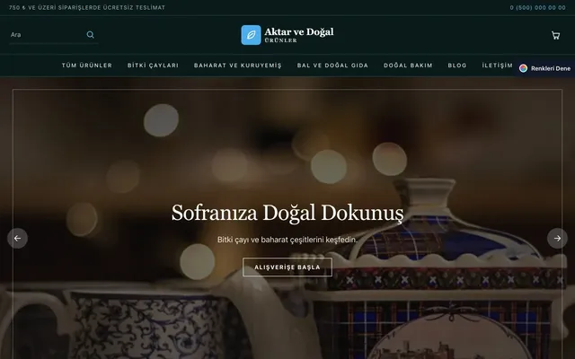 Aktar ve Doğal Ürünler için Koyu Lüks Petrol Mavi – Aktar ve Doğal Ürünler E-ticaret Sitesi ana sayfa görünümü