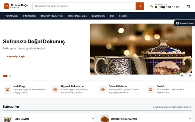 Aktar ve Doğal Ürünler için Liste Mavi Turuncu – Aktar ve Doğal Ürünler E-ticaret Sitesi ana sayfa görünümü