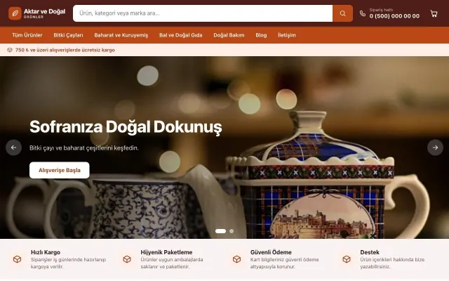 Aktar ve Doğal Ürünler için Market Bordo Turuncu – Aktar ve Doğal Ürünler E-ticaret Sitesi ana sayfa görünümü
