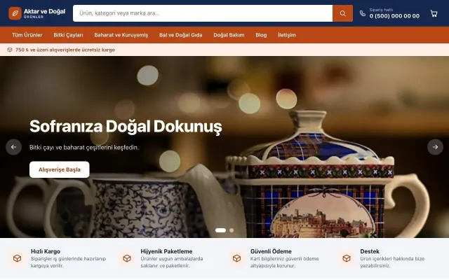 Aktar ve Doğal Ürünler için Market Mavi Turuncu – Aktar ve Doğal Ürünler E-ticaret Sitesi ana sayfa görünümü