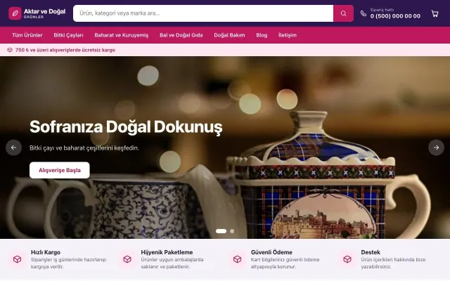 Aktar ve Doğal Ürünler için Market Mor Pembe – Aktar ve Doğal Ürünler E-ticaret Sitesi ana sayfa görünümü