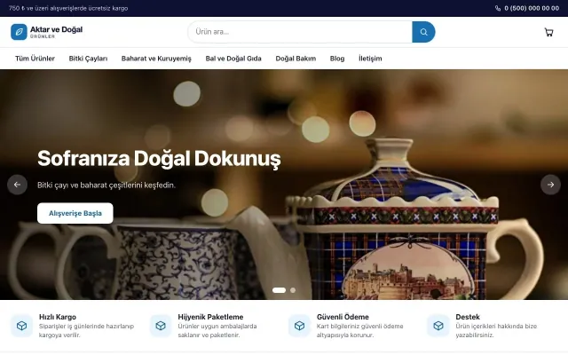Aktar ve Doğal Ürünler için Vitrin Lacivert Mavi – Aktar ve Doğal Ürünler E-ticaret Sitesi ana sayfa görünümü