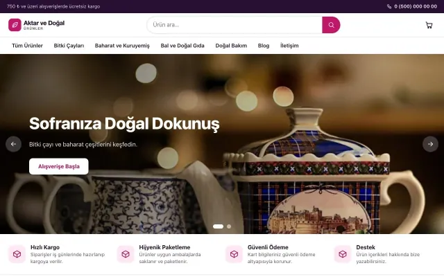 Aktar ve Doğal Ürünler için Vitrin Mor Pembe – Aktar ve Doğal Ürünler E-ticaret Sitesi ana sayfa görünümü