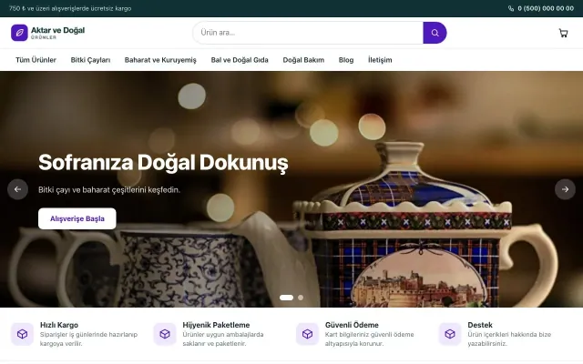 Aktar ve Doğal Ürünler için Vitrin Petrol Mor – Aktar ve Doğal Ürünler E-ticaret Sitesi ana sayfa görünümü