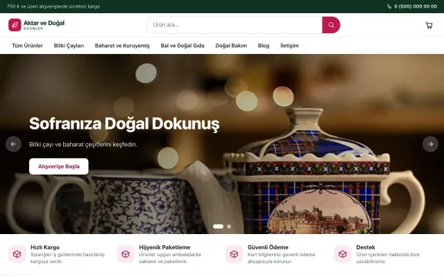 Aktar ve Doğal Ürünler için Vitrin Yeşil Pembe – Aktar ve Doğal Ürünler E-ticaret Sitesi ana sayfa görünümü