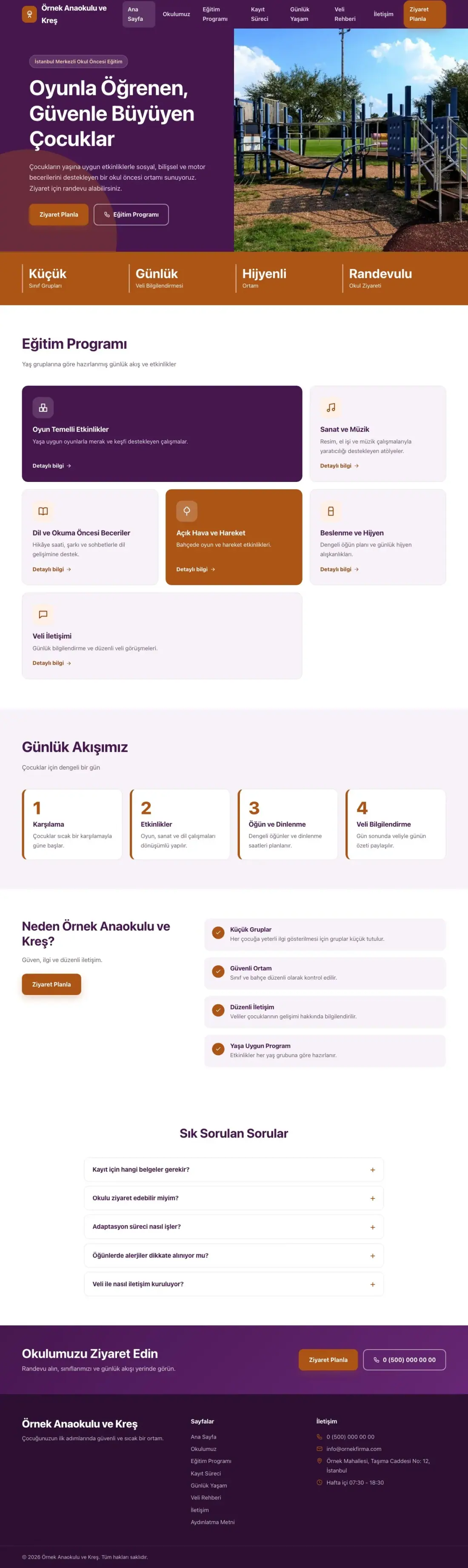 Anaokulu için Blok Mor Turuncu – Anaokulu Web Sitesi ana sayfa görünümü