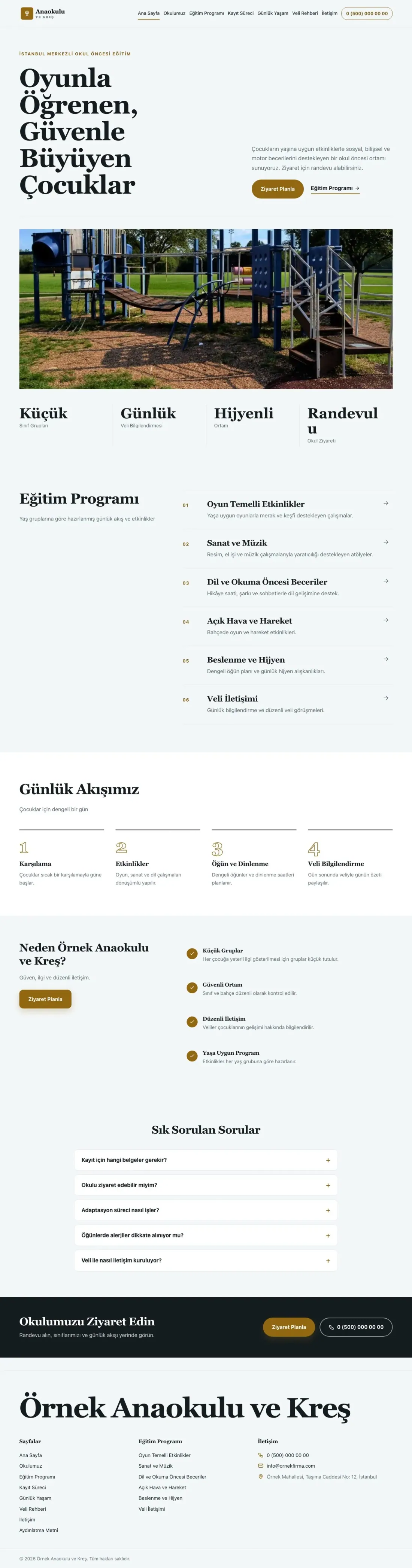 Editoryal Petrol Amber – Anaokulu Web Sitesi ana sayfa görünümü
