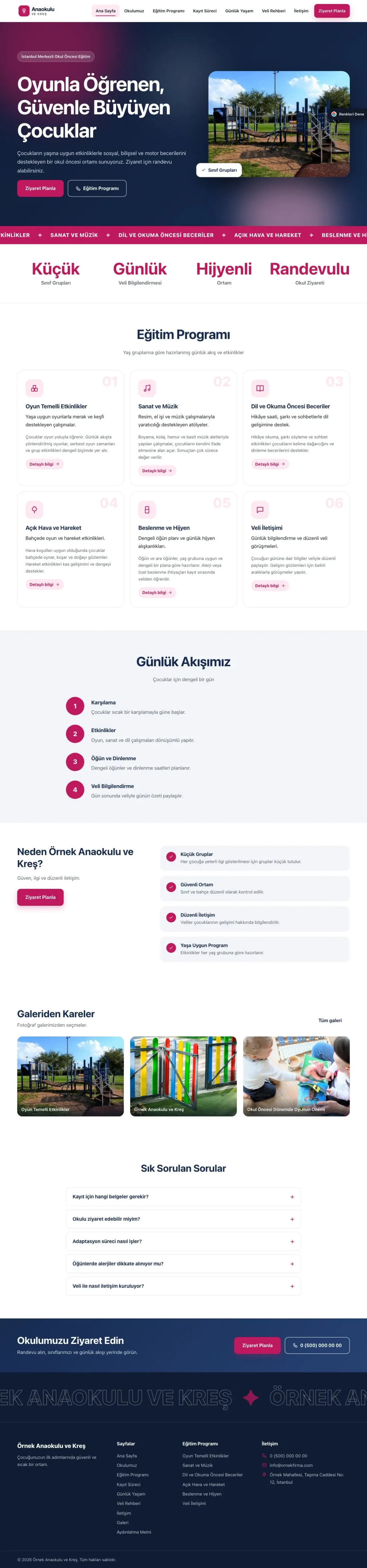 Anaokulu için Hareketli Mavi Pembe – Anaokulu Web Sitesi ana sayfa görünümü