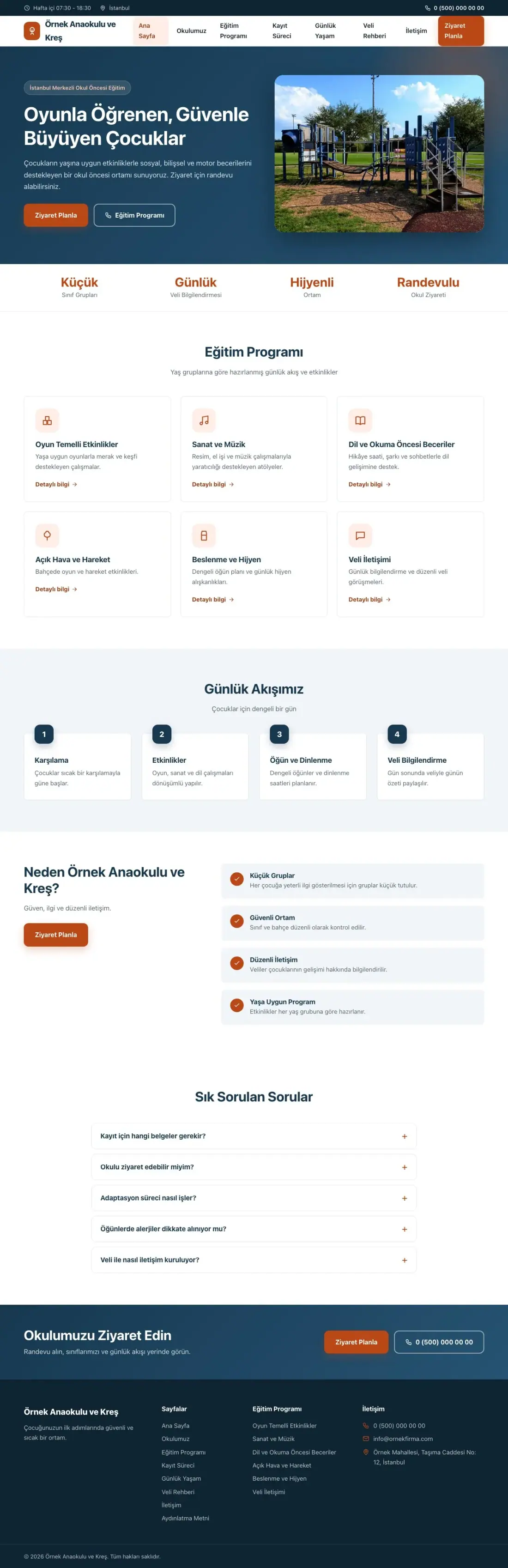 Anaokulu için Klasik Mavi Turuncu – Anaokulu Web Sitesi ana sayfa görünümü