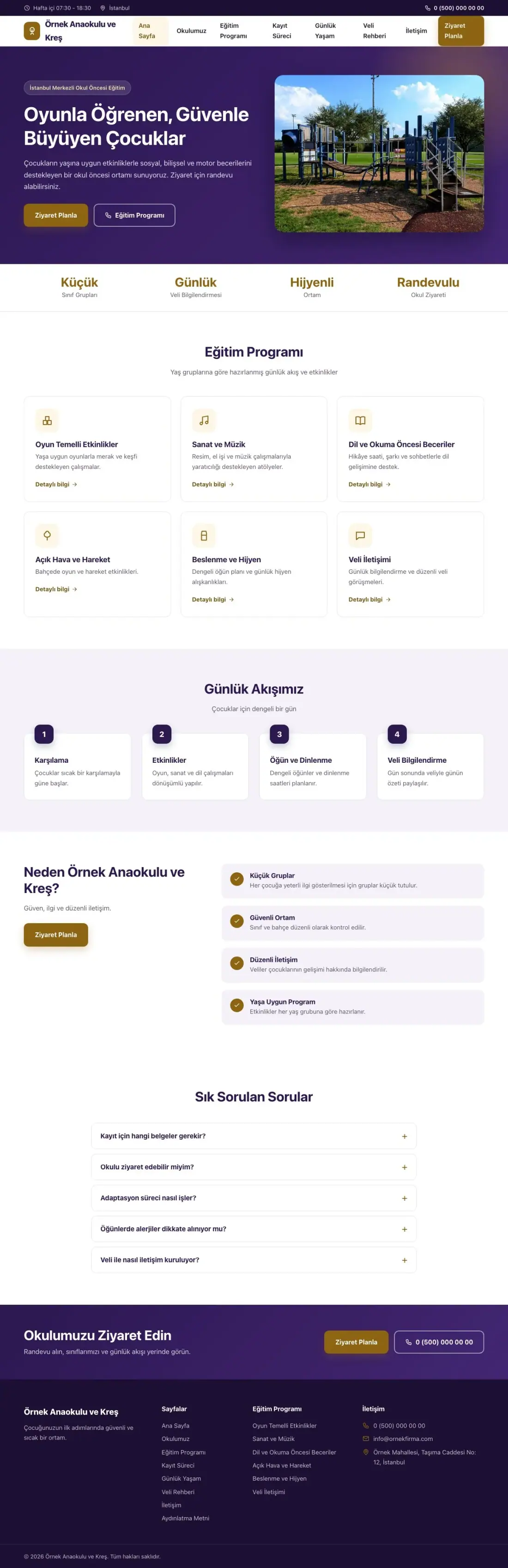 Anaokulu için Klasik Mor Amber – Anaokulu Web Sitesi ana sayfa görünümü