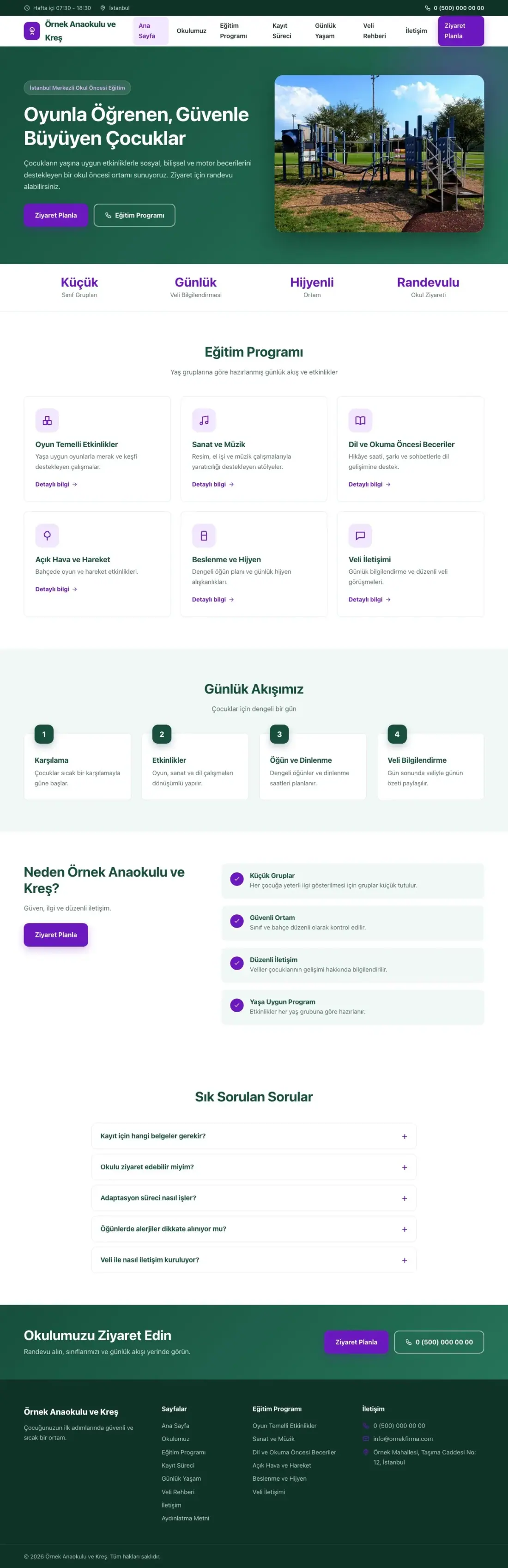 Anaokulu için Klasik Petrol Mor – Anaokulu Web Sitesi ana sayfa görünümü