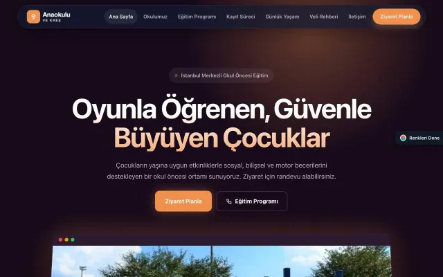 Anaokulu için Koyu Modern Mor Turuncu – Anaokulu Web Sitesi ana sayfa görünümü