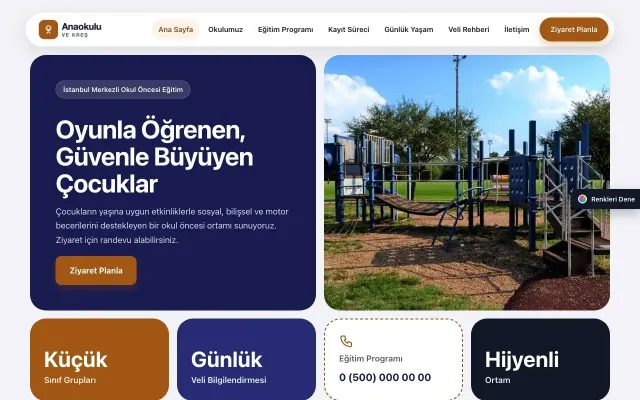 Anaokulu için Mozaik Lacivert Turuncu – Anaokulu Web Sitesi ana sayfa görünümü