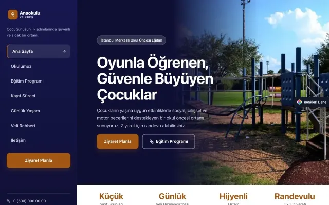 Anaokulu için Sol Menü Lacivert Turuncu – Anaokulu Web Sitesi ana sayfa görünümü