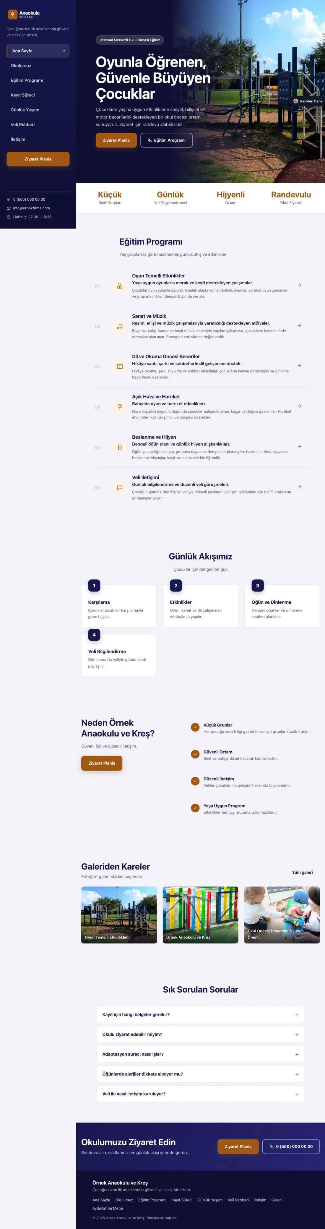 Anaokulu için Sol Menü Lacivert Turuncu – Anaokulu Web Sitesi ana sayfa görünümü