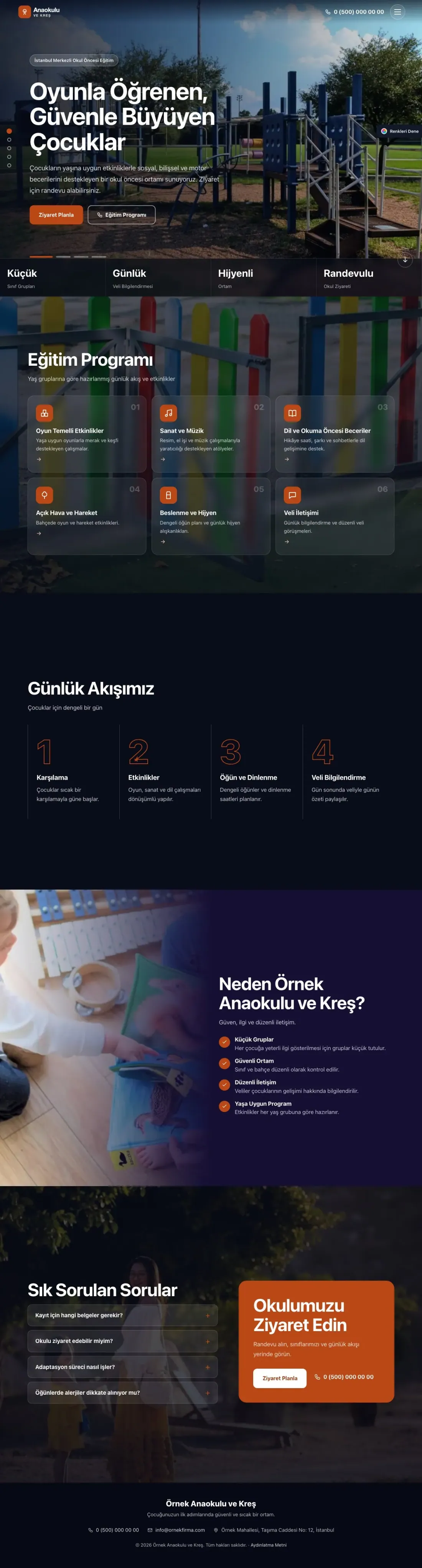 Anaokulu için Tam Ekran Lacivert Turuncu – Anaokulu Web Sitesi ana sayfa görünümü