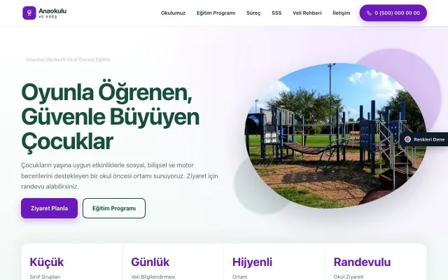 Anaokulu için Tek Sayfa Petrol Mor – Anaokulu Web Sitesi ana sayfa görünümü