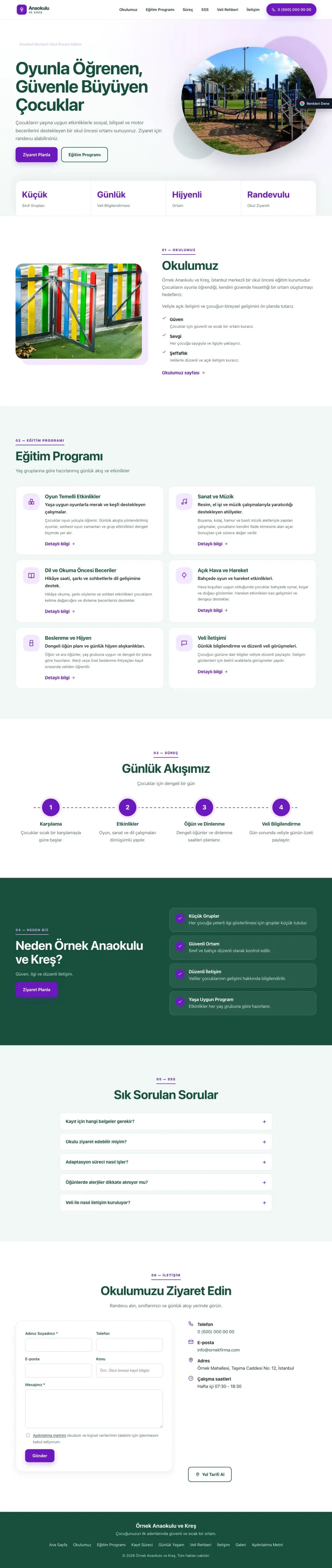 Anaokulu için Tek Sayfa Petrol Mor – Anaokulu Web Sitesi ana sayfa görünümü