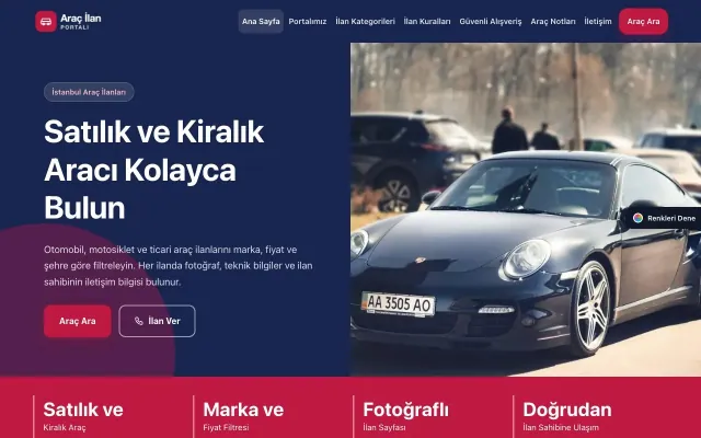 Araç İlan Portalı için Blok Lacivert Kırmızı – Araç İlan Portalı Web Sitesi ana sayfa görünümü