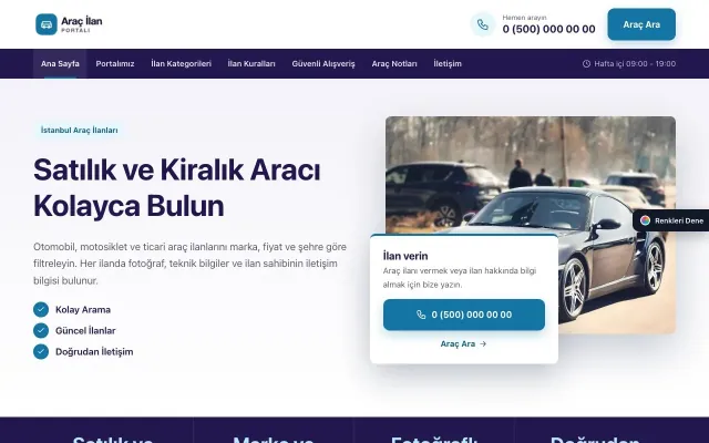 Araç İlan Portalı için Bölünmüş Lacivert Mavi – Araç İlan Portalı Web Sitesi ana sayfa görünümü