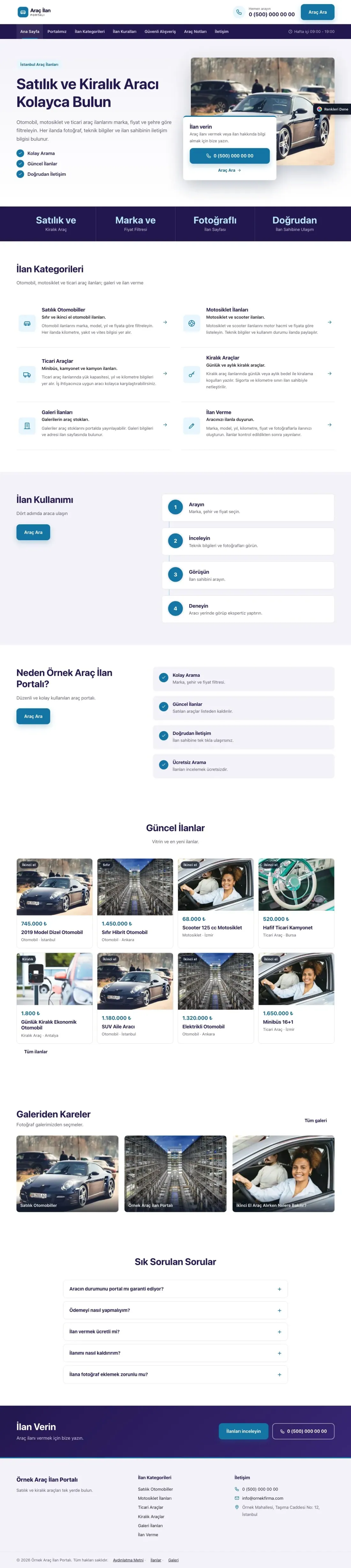 Araç İlan Portalı için Bölünmüş Lacivert Mavi – Araç İlan Portalı Web Sitesi ana sayfa görünümü