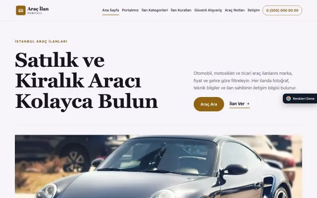 Araç İlan Portalı için Dergi Editoryal Mor Turuncu – Araç İlan Portalı Web Sitesi ana sayfa görünümü