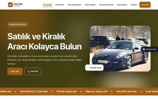 Araç İlan Portalı için Hareketli Zeytin Turuncu – Araç İlan Portalı Web Sitesi ana sayfa görünümü