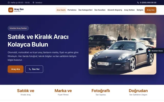 Araç İlan Portalı için Klasik Lacivert Turuncu – Araç İlan Portalı Web Sitesi ana sayfa görünümü