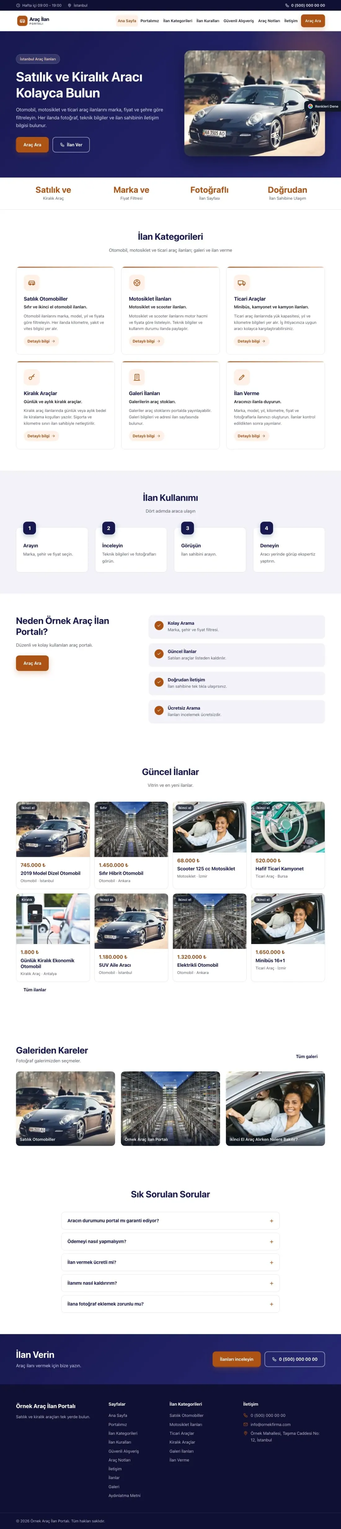 Araç İlan Portalı için Klasik Lacivert Turuncu – Araç İlan Portalı Web Sitesi ana sayfa görünümü