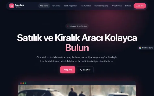 Araç İlan Portalı için Koyu Modern Lacivert Kırmızı – Araç İlan Portalı Web Sitesi ana sayfa görünümü