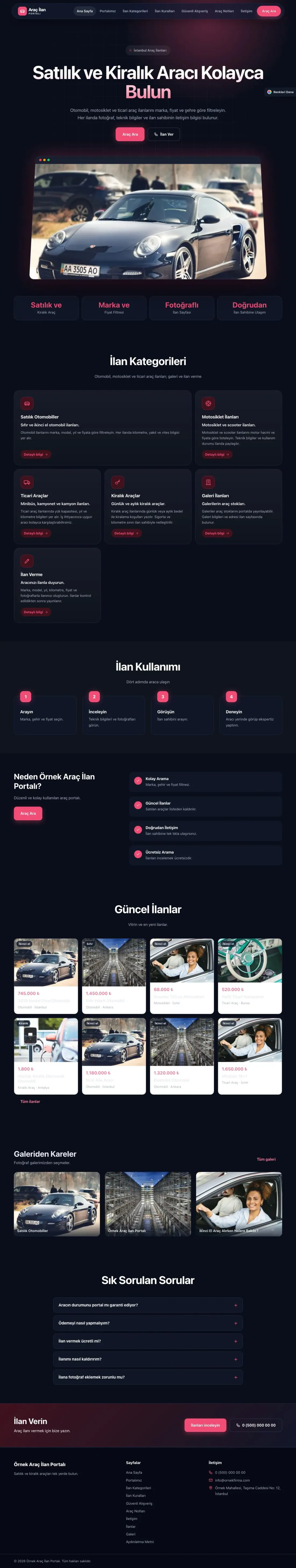 Araç İlan Portalı için Koyu Modern Lacivert Kırmızı – Araç İlan Portalı Web Sitesi ana sayfa görünümü