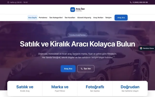 Araç İlan Portalı için Merkez Mor Mavi – Araç İlan Portalı Web Sitesi ana sayfa görünümü