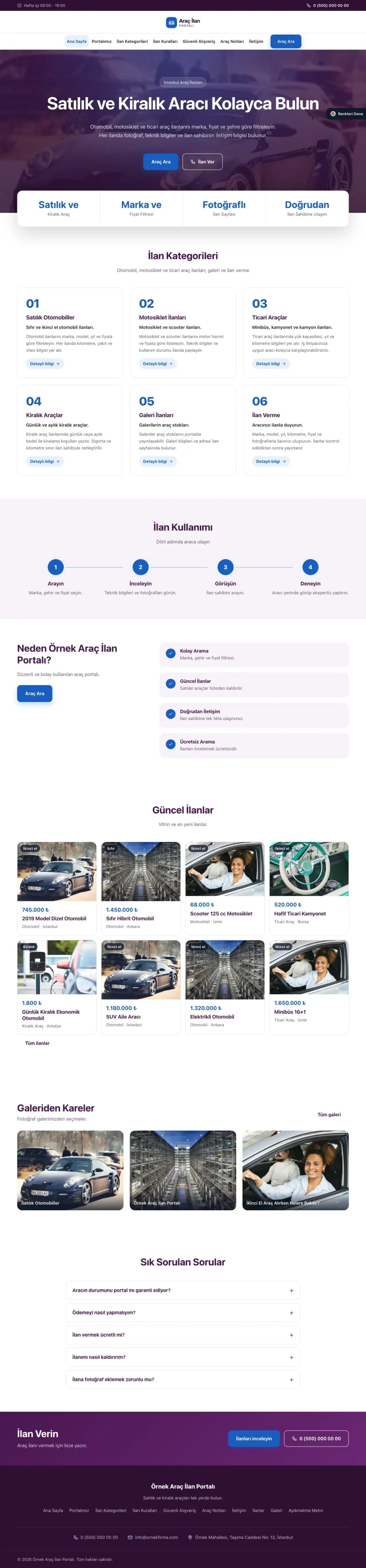 Araç İlan Portalı için Merkez Mor Mavi – Araç İlan Portalı Web Sitesi ana sayfa görünümü