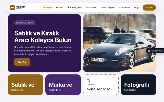 Araç İlan Portalı için Mozaik Mor Turuncu – Araç İlan Portalı Web Sitesi ana sayfa görünümü