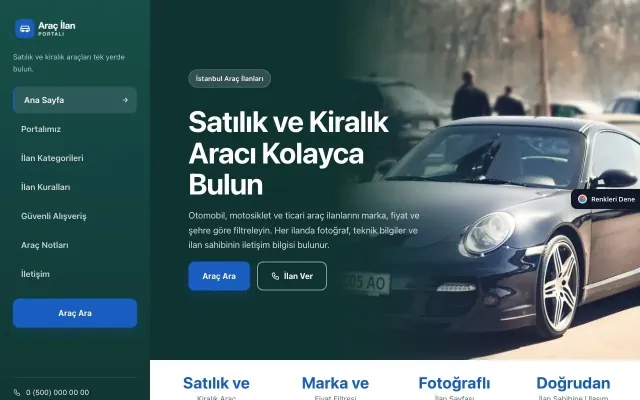 Araç İlan Portalı için Sol Menü Petrol Mavi – Araç İlan Portalı Web Sitesi ana sayfa görünümü