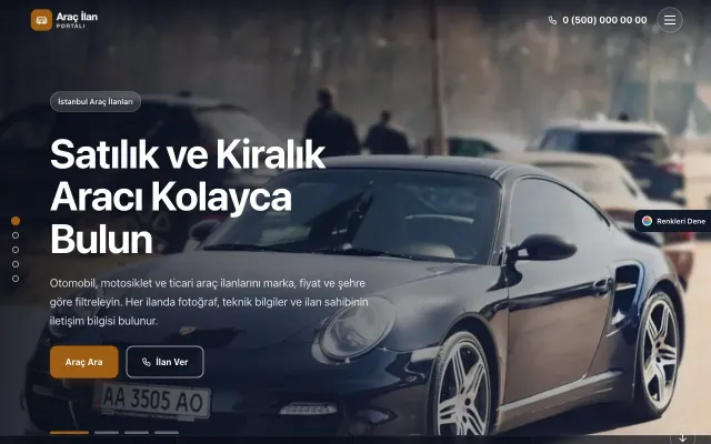 Araç İlan Portalı için Tam Ekran Mor Turuncu – Araç İlan Portalı Web Sitesi ana sayfa görünümü