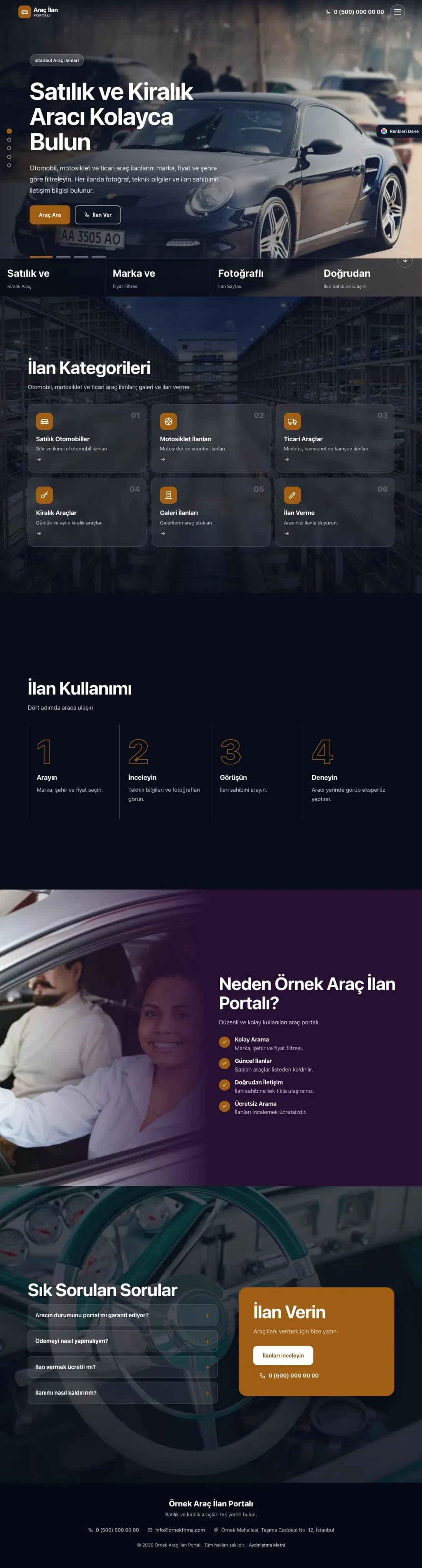 Araç İlan Portalı için Tam Ekran Mor Turuncu – Araç İlan Portalı Web Sitesi ana sayfa görünümü