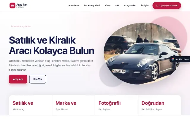 Araç İlan Portalı için Tek Sayfa Lacivert Kırmızı – Araç İlan Portalı Web Sitesi ana sayfa görünümü
