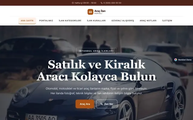 Araç İlan Portalı için Zigzag Bordo Turuncu – Araç İlan Portalı Web Sitesi ana sayfa görünümü