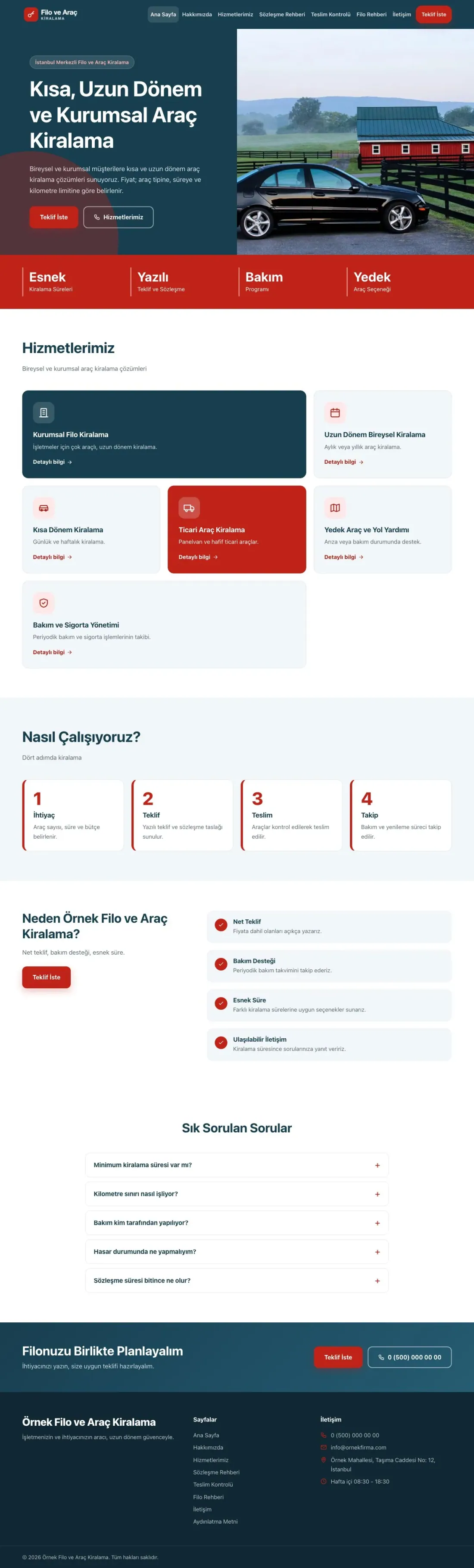 Blok Mavi Kırmızı – Araç Kiralama Web Sitesi ana sayfa görünümü