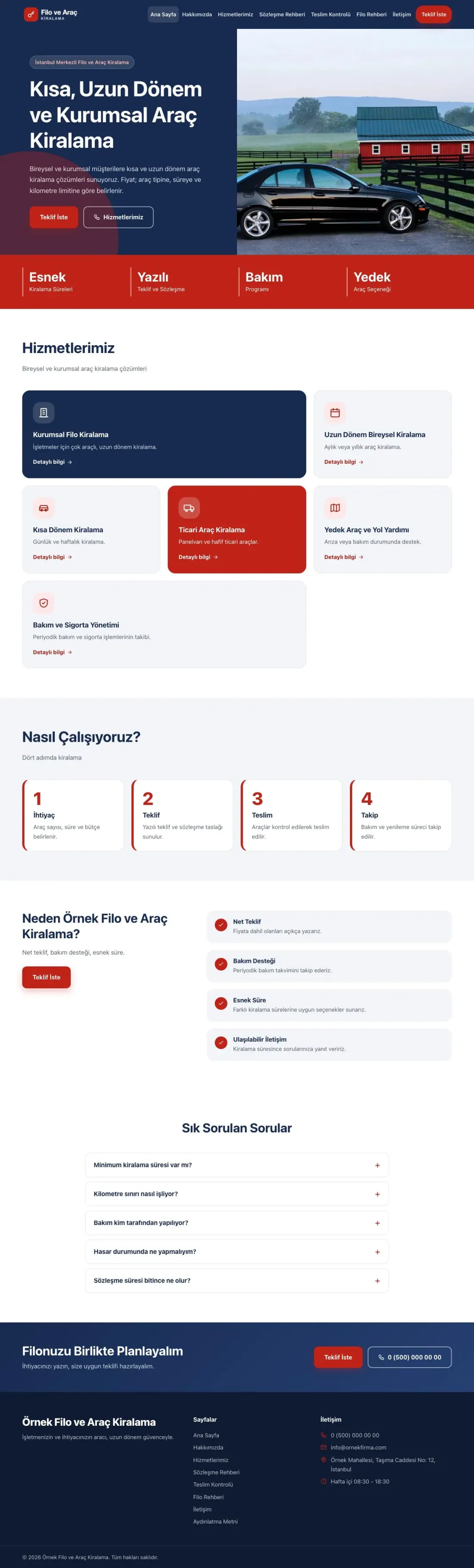 Blok Mavi Kırmızı II – Araç Kiralama Web Sitesi ana sayfa görünümü