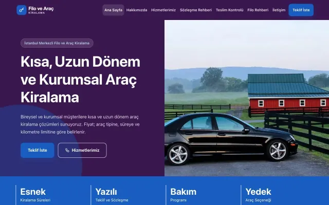 Blok Mor Mavi – Araç Kiralama Web Sitesi ana sayfa görünümü