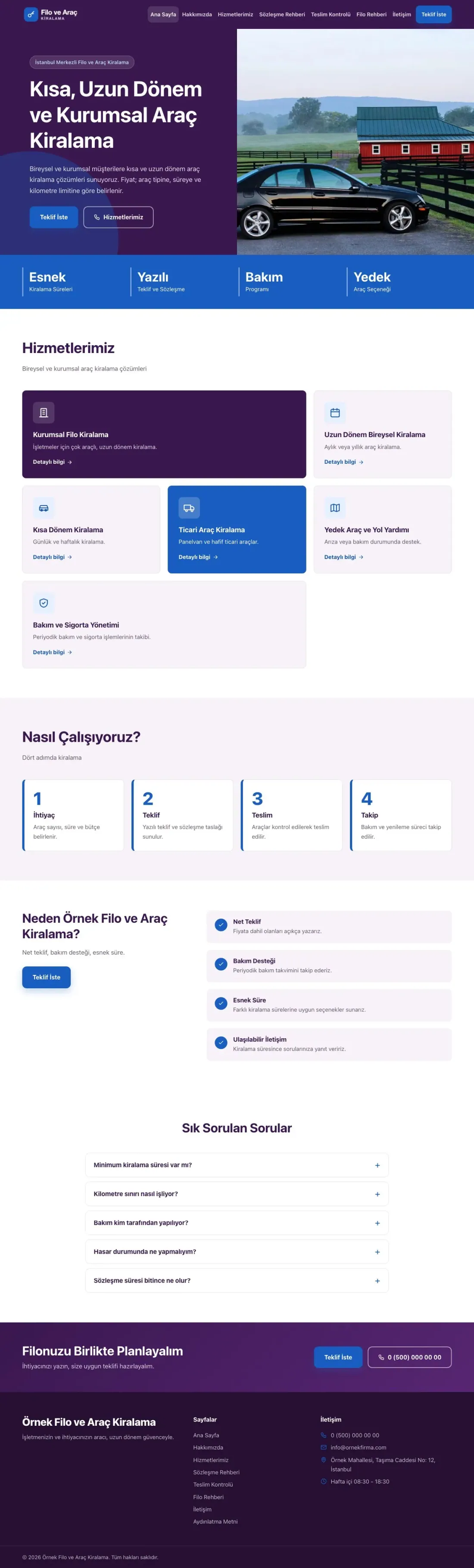 Blok Mor Mavi – Araç Kiralama Web Sitesi ana sayfa görünümü