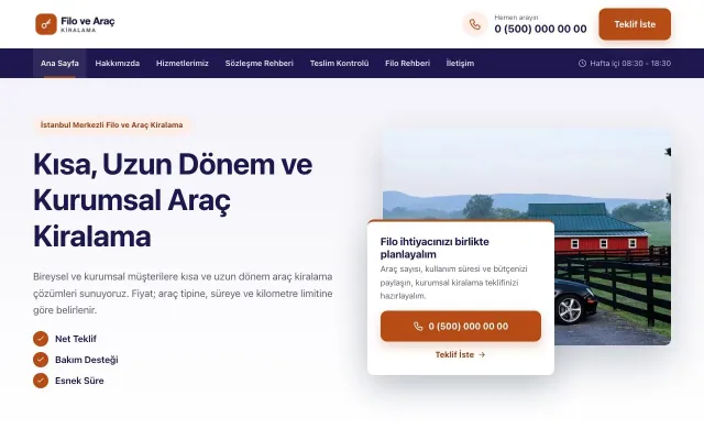 Bölünmüş Lacivert Turuncu – Araç Kiralama Web Sitesi ana sayfa görünümü