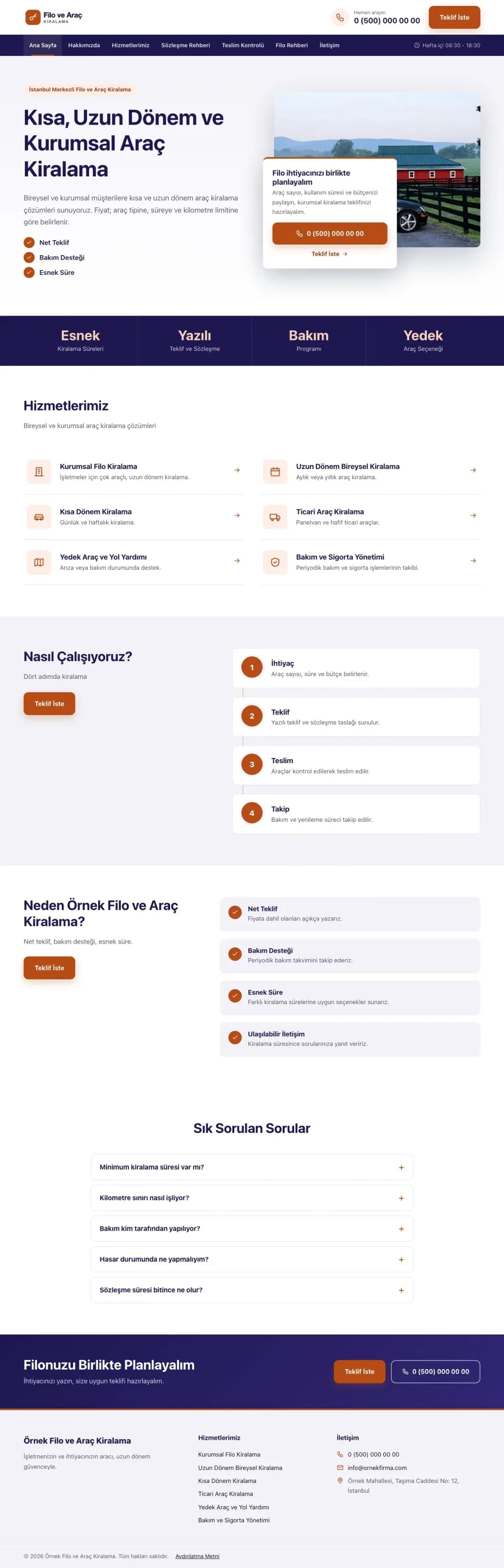 Bölünmüş Lacivert Turuncu – Araç Kiralama Web Sitesi ana sayfa görünümü