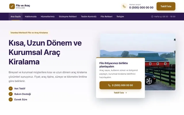 Bölünmüş Mor Turuncu – Araç Kiralama Web Sitesi ana sayfa görünümü