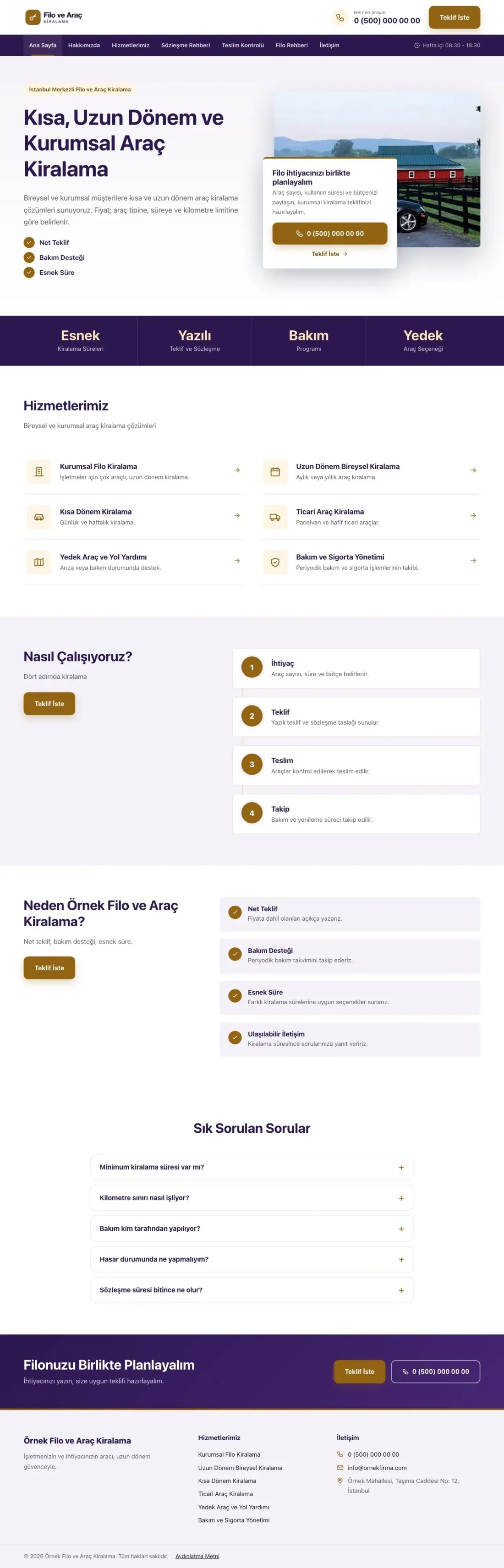 Bölünmüş Mor Turuncu – Araç Kiralama Web Sitesi ana sayfa görünümü