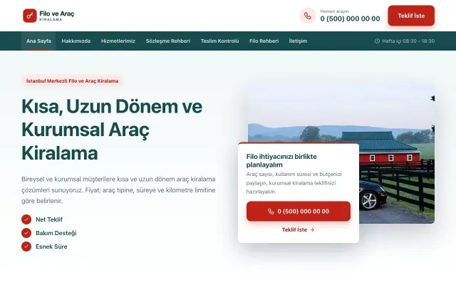 Bölünmüş Petrol Kırmızı – Araç Kiralama Web Sitesi ana sayfa görünümü