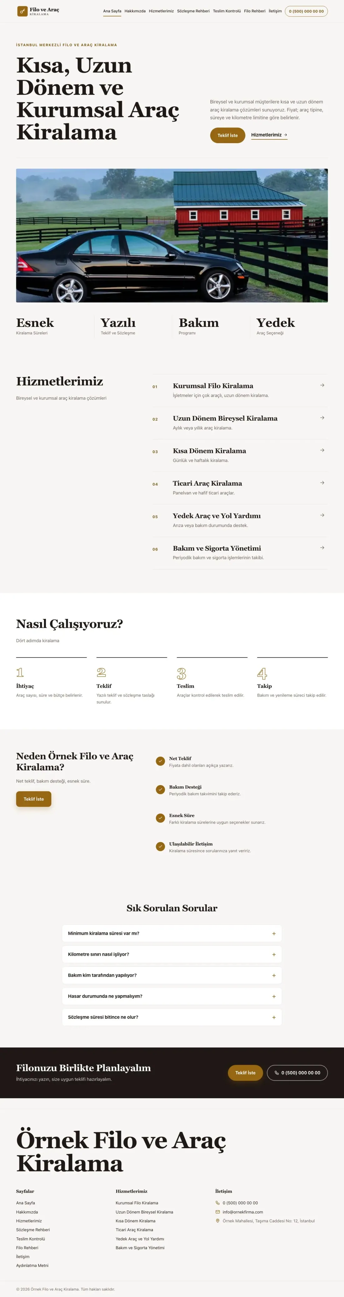 Editoryal Kahve Turuncu – Araç Kiralama Web Sitesi ana sayfa görünümü